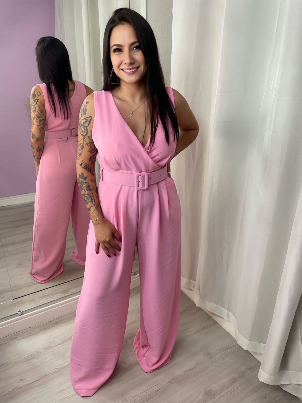 Macacão cinto rosa